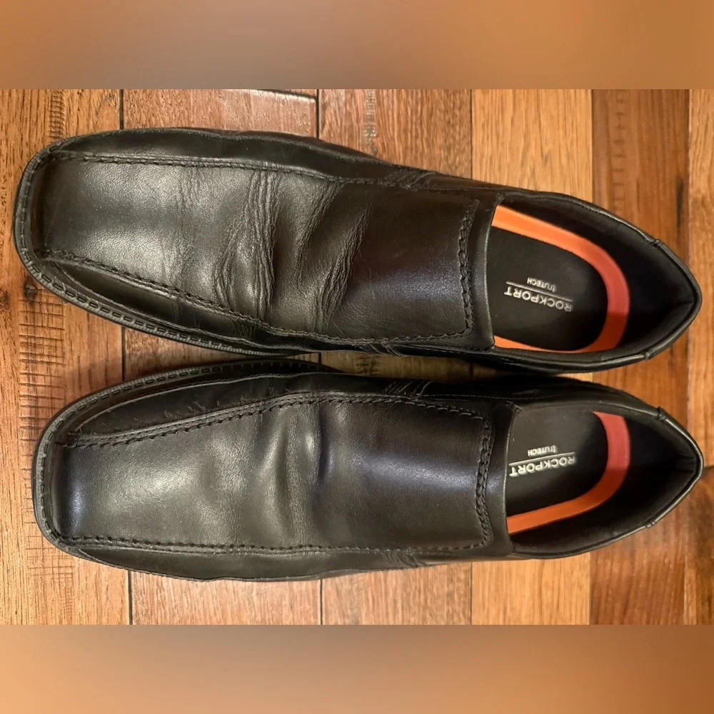 Rockport Dress Shoes Men Sz 12 Black Leather Block Heel Round Toe Slip-on A13019